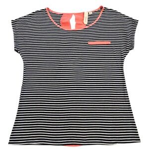 Robin-K Womens Medium Striped Cap Sleeve Top Navy Blue Coral Keyhole Back Blouse